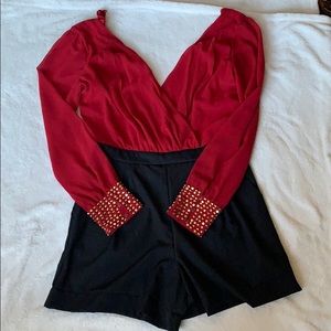 Dressy Red & Black Studded Long Sleeve Romper